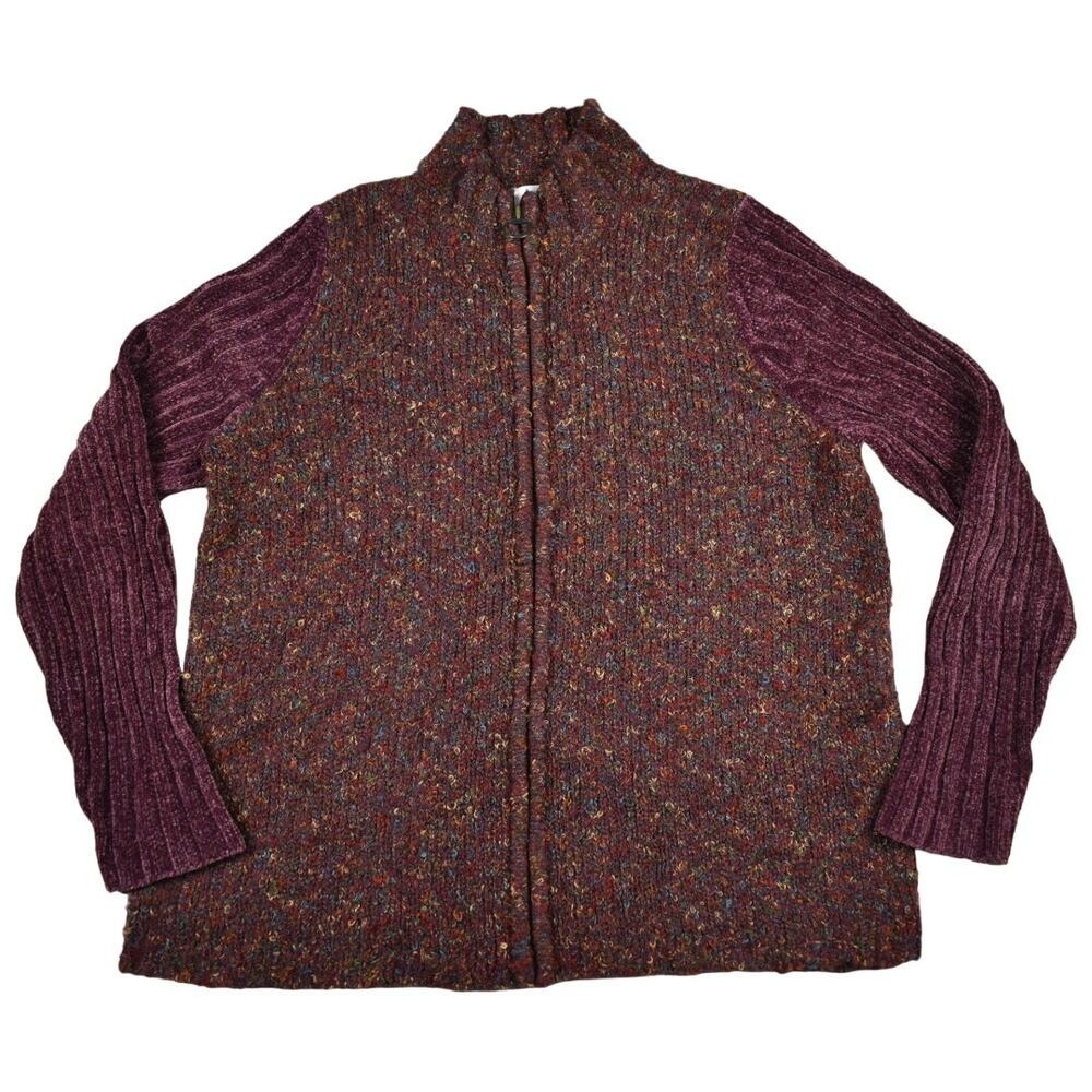 VTG Y2K Cardigan Sweater Womens XL Zip Up Maroon Knit Loop Boho Fairycore Heavy